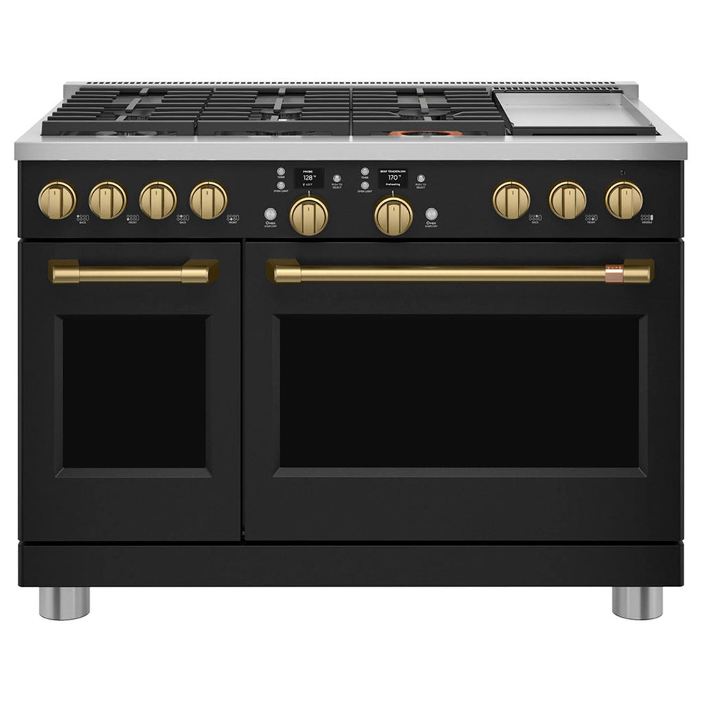 48" Smart Dual-Fuel Commercial-Style Range with No-Preheat Air Fry in Matte Black with Brushed Brass hardware