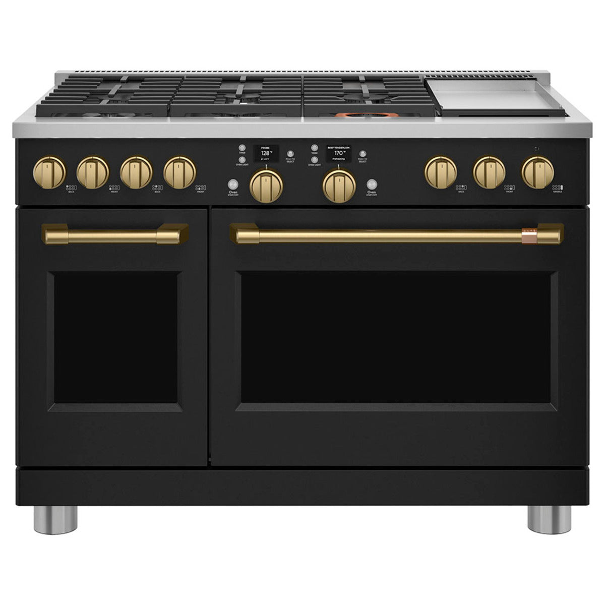 48" Smart Dual-Fuel Commercial-Style Range with No-Preheat Air Fry in Matte Black with Brushed Brass hardware