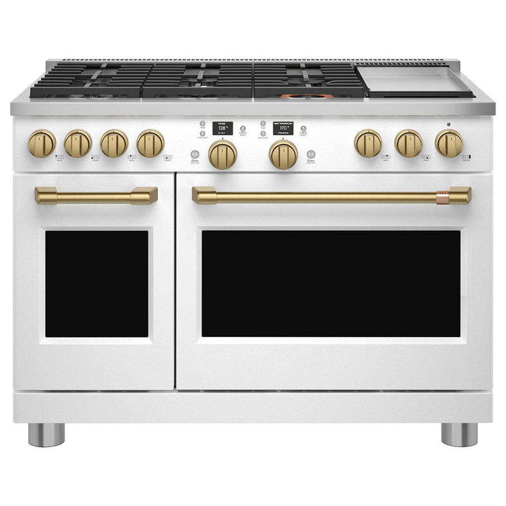 48" Smart Dual-Fuel Commercial-Style Range with No-Preheat Air Fry in Matte White with Brushed Brass hardware