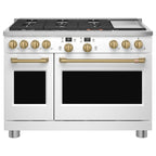 48" Smart Dual-Fuel Commercial-Style Range with No-Preheat Air Fry in Matte White with Brushed Brass hardware