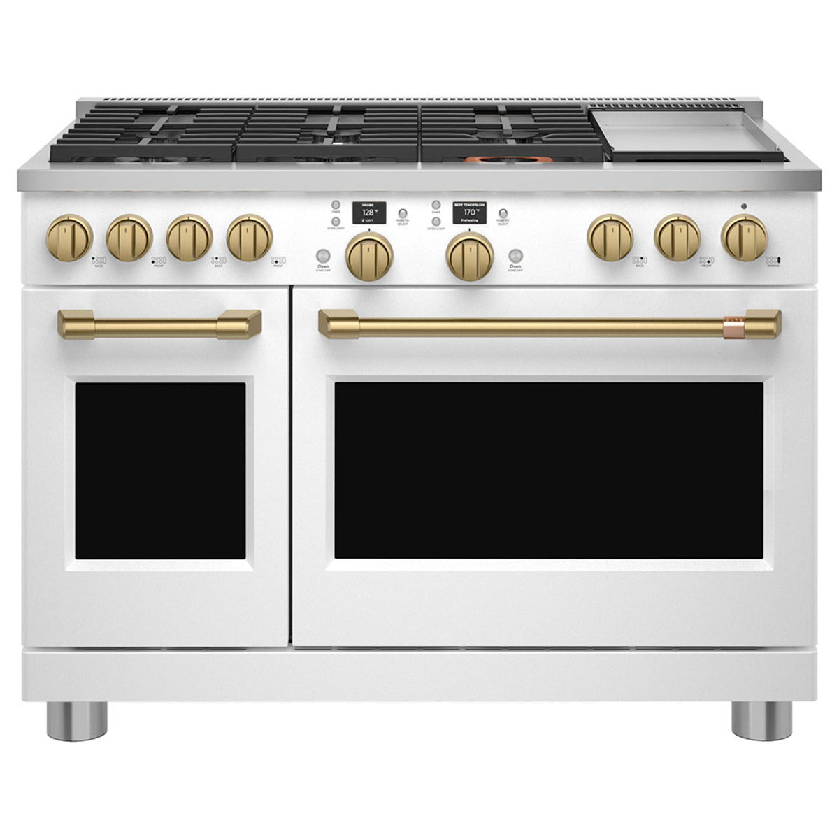 48" Smart Dual-Fuel Commercial-Style Range with No-Preheat Air Fry in Matte White with Brushed Brass hardware