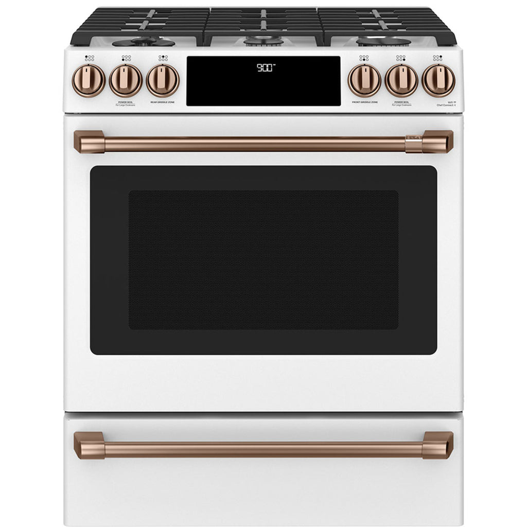 30" Slide-In Dual-Fuel Range with No-Preheat Air Fry in Matte White with Brushed Copper hardware