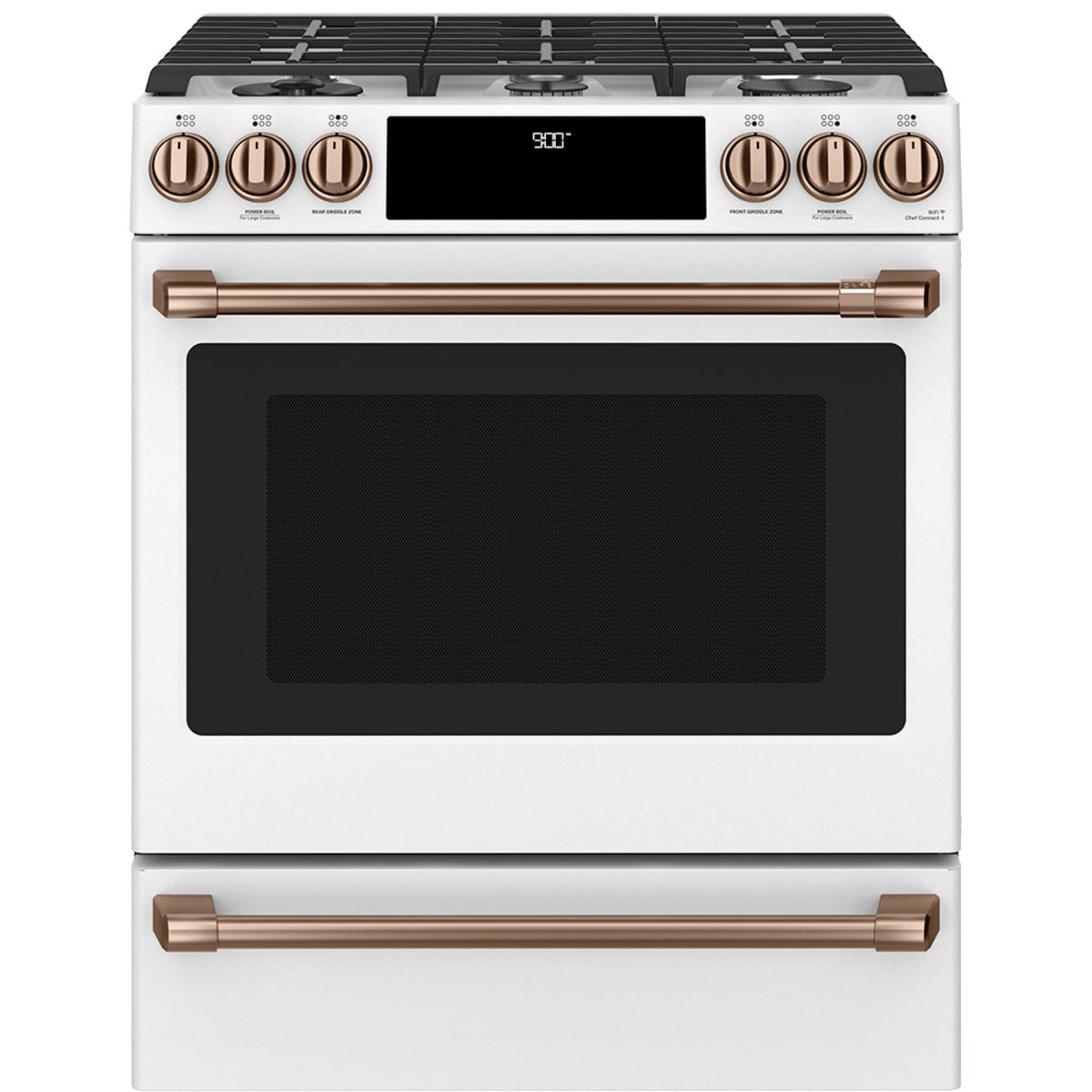 30" Slide-In Dual-Fuel Range with No-Preheat Air Fry in Matte White with Brushed Copper hardware