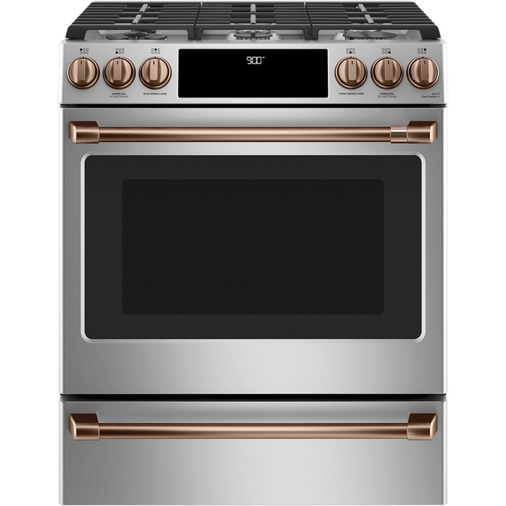 30" Slide-In Dual-Fuel Range with No-Preheat Air Fry in Stainless Steel with Brushed Copper hardware