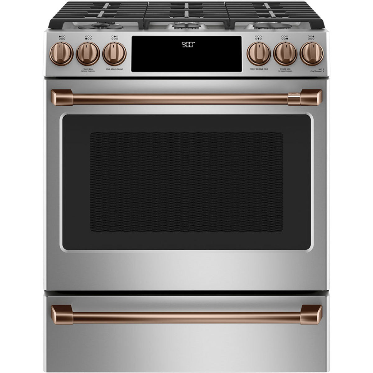 30" Slide-In Dual-Fuel Range with No-Preheat Air Fry in Stainless Steel with Brushed Copper hardware
