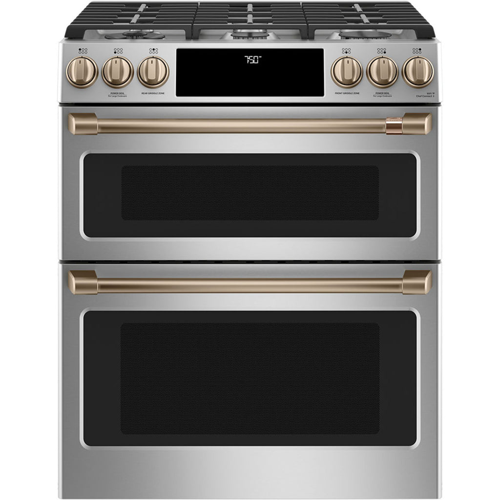 30" Double Oven Gas Range with No-Preheat Air Fry in Stainless Steel with Brushed Bronze hardware
