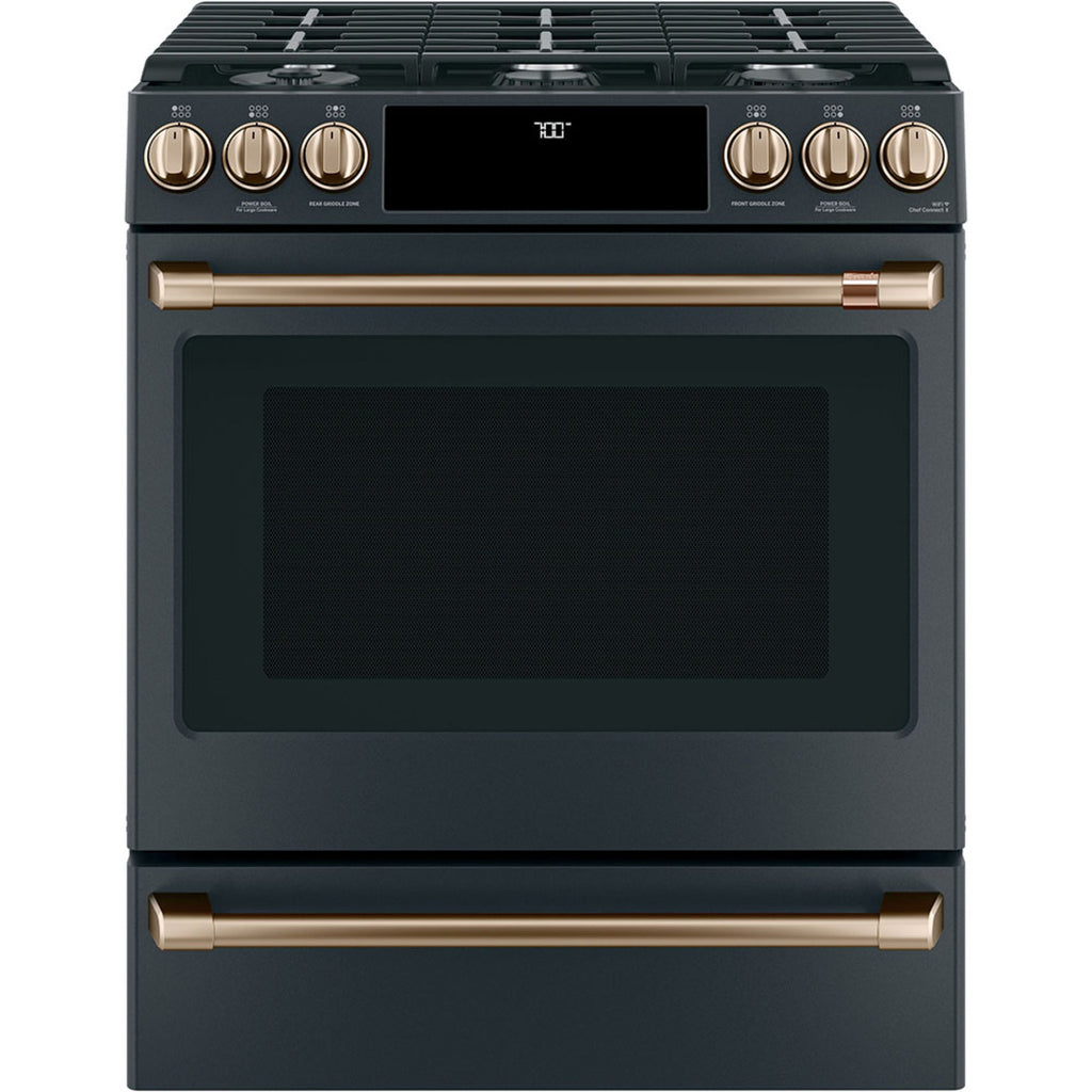 30" Slide-In Gas Range with Convection and No-Preheat Air Fry in Matte Black with Brushed Bronze hardware