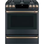 30" Slide-In Gas Range with Convection and No-Preheat Air Fry in Matte Black with Brushed Bronze hardware
