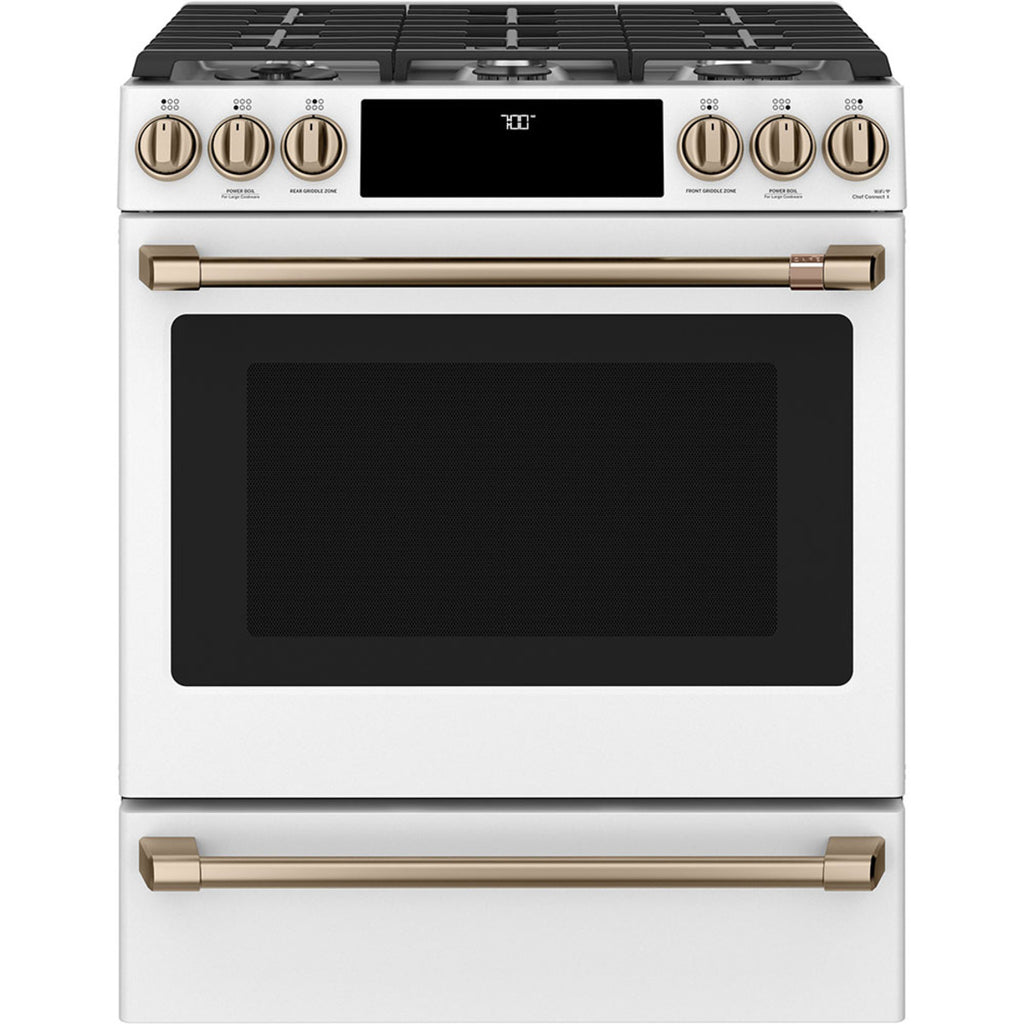 30" Slide-In Gas Range with Convection and No-Preheat Air Fry in Matte White with Brushed Bronze hardware