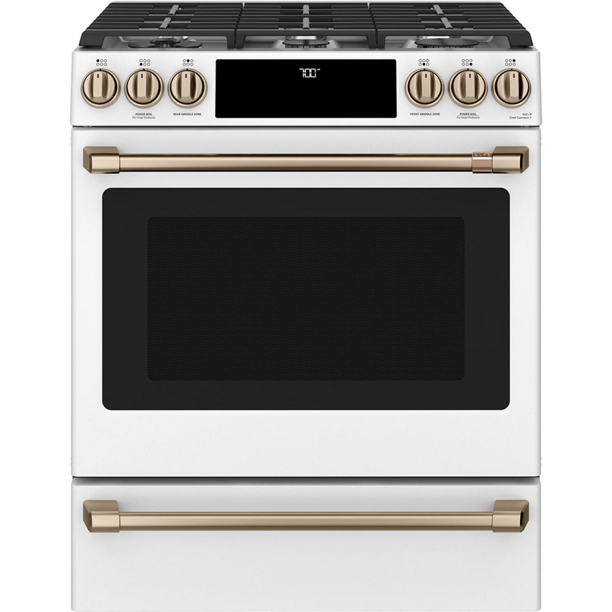 30" Slide-In Gas Range with Convection and No-Preheat Air Fry in Matte White with Brushed Bronze hardware