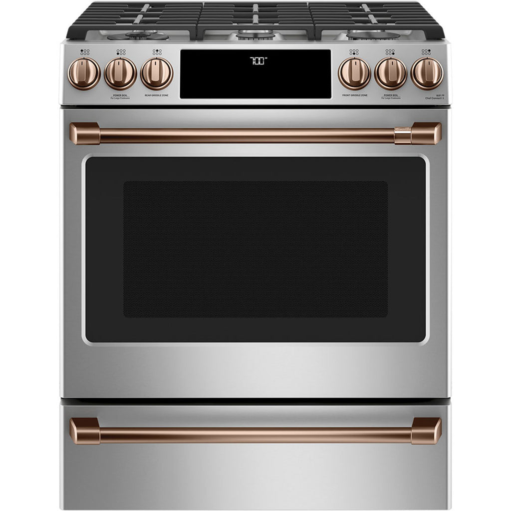 30" Slide-In Gas Range with Convection and No-Preheat Air Fry in Stainless Steel with Brushed Copper hardware
