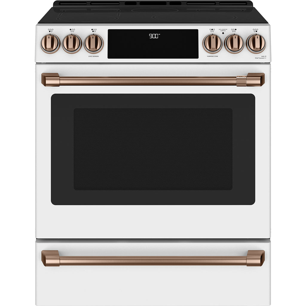 30" Induction Range with Warming Drawer and No-Preheat Air Fry in Matte White with Brushed Copper hardware