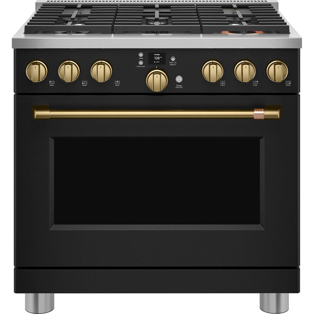 36" Smart All-Gas Commercial-Style Range with No-Preheat Air Fry in Matte Black with Brushed Brass hardware