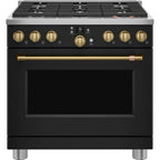 36" Smart All-Gas Commercial-Style Range with No-Preheat Air Fry in Matte Black with Brushed Brass hardware