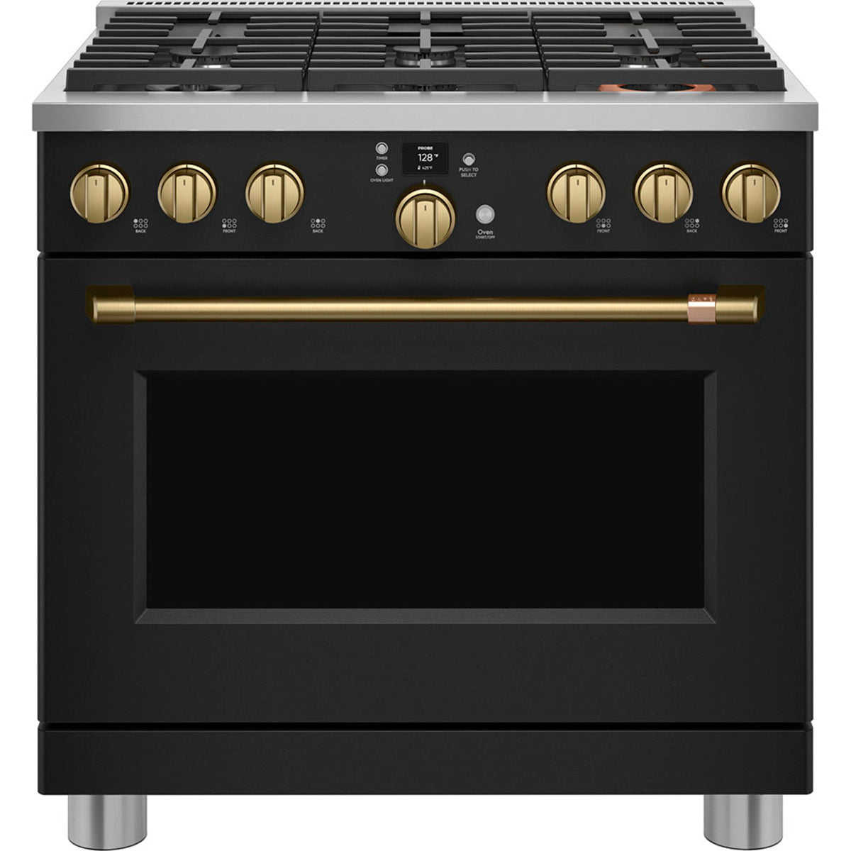 36" Smart All-Gas Commercial-Style Range with No-Preheat Air Fry in Matte Black with Brushed Brass hardware