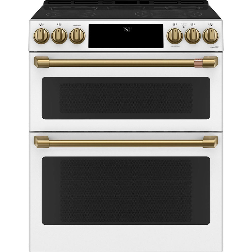 30" Slide-In Radiant Double Oven Range with No-Preheat Air Fry in Matte White with Brushed Brass hardware