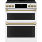 30" Slide-In Radiant Double Oven Range with No-Preheat Air Fry in Matte White with Brushed Brass hardware