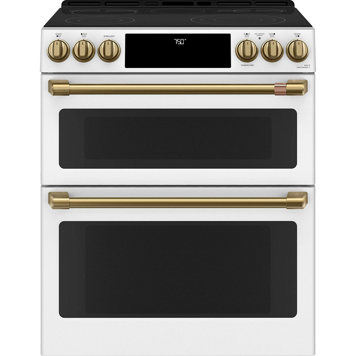 30" Slide-In Radiant Double Oven Range with No-Preheat Air Fry in Matte White with Brushed Brass hardware