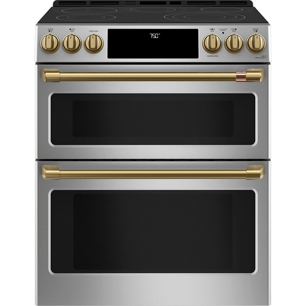 30" Slide-In Radiant Double Oven Range with No-Preheat Air Fry in Stainless Steel with Brushed Brass hardware