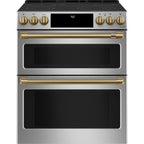 30" Slide-In Radiant Double Oven Range with No-Preheat Air Fry in Stainless Steel with Brushed Brass hardware