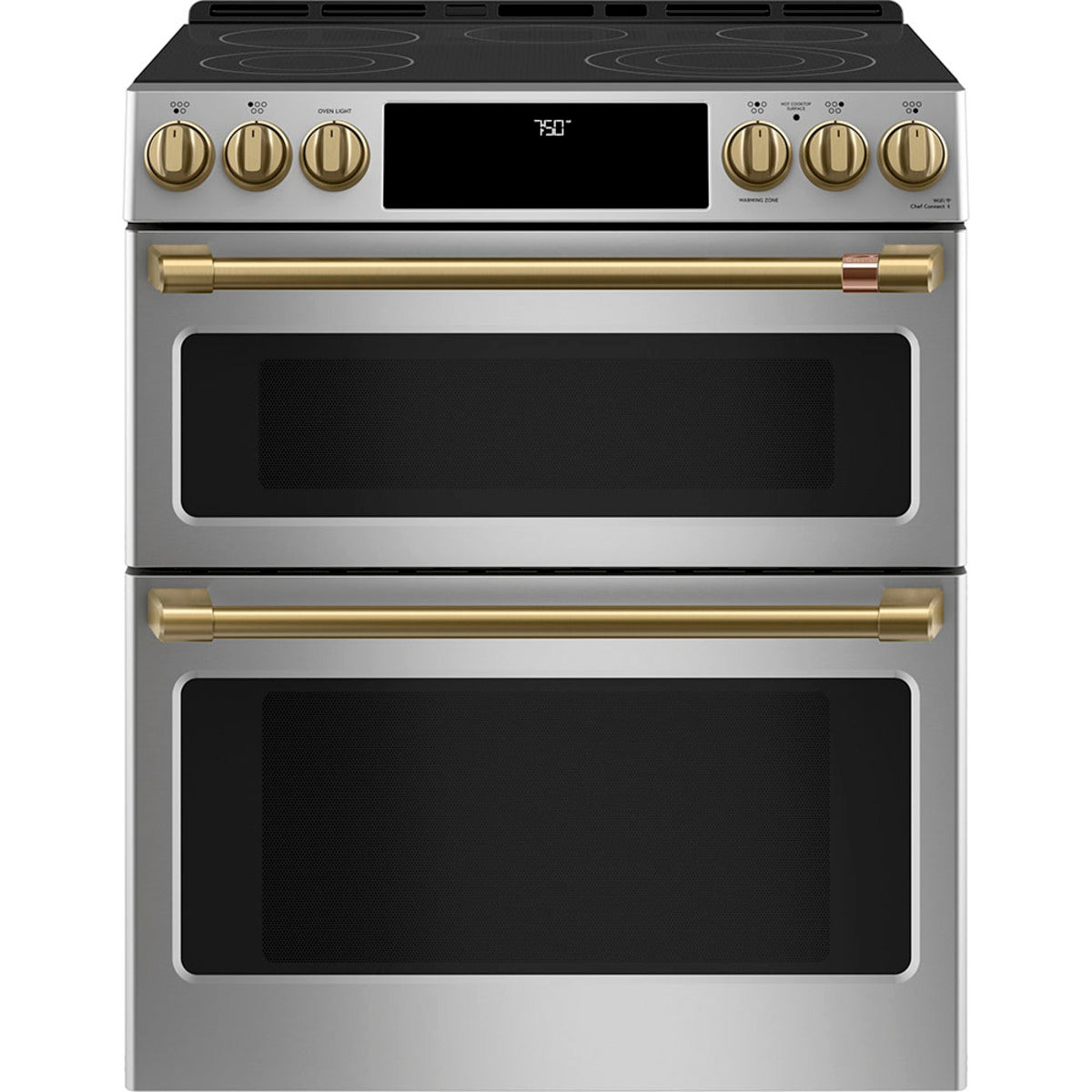 30" Slide-In Radiant Double Oven Range with No-Preheat Air Fry in Stainless Steel with Brushed Brass hardware