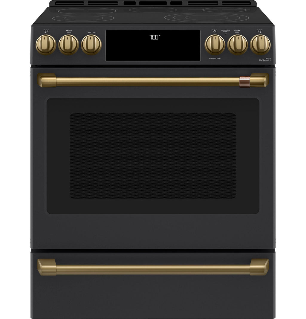30" Slide-In Radiant Range with No-Preheat Air Fry in Matte Black with Brushed Brass hardware