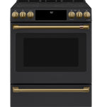 30" Slide-In Radiant Range with No-Preheat Air Fry in Matte Black with Brushed Brass hardware