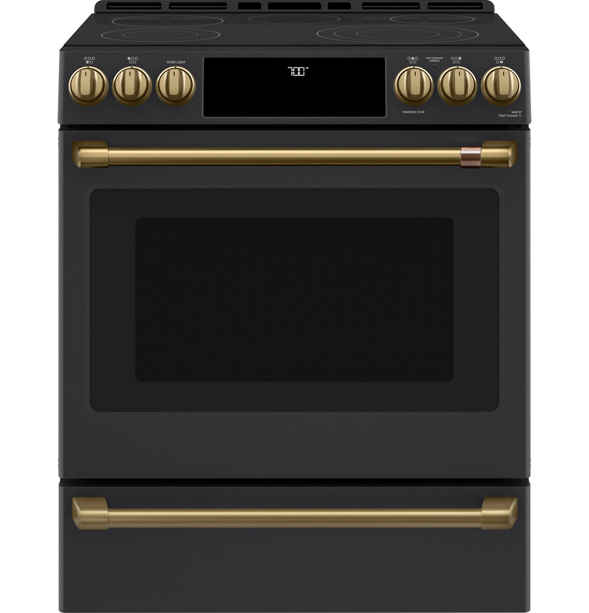 30" Slide-In Radiant Range with No-Preheat Air Fry in Matte Black with Brushed Brass hardware
