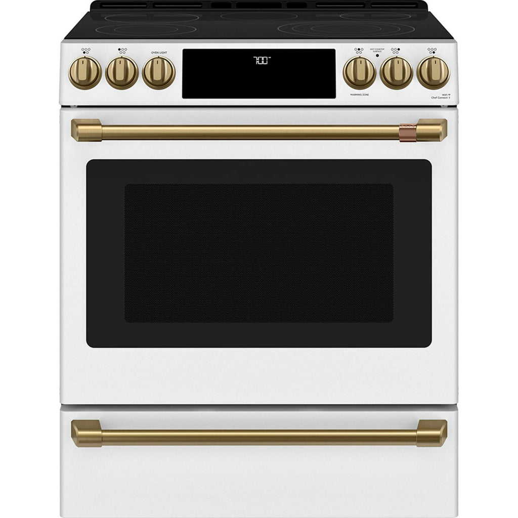 30" Slide-In Radiant Range with No-Preheat Air Fry in Matte White with Brushed Brass hardware