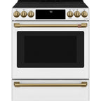 30" Slide-In Radiant Range with No-Preheat Air Fry in Matte White with Brushed Brass hardware