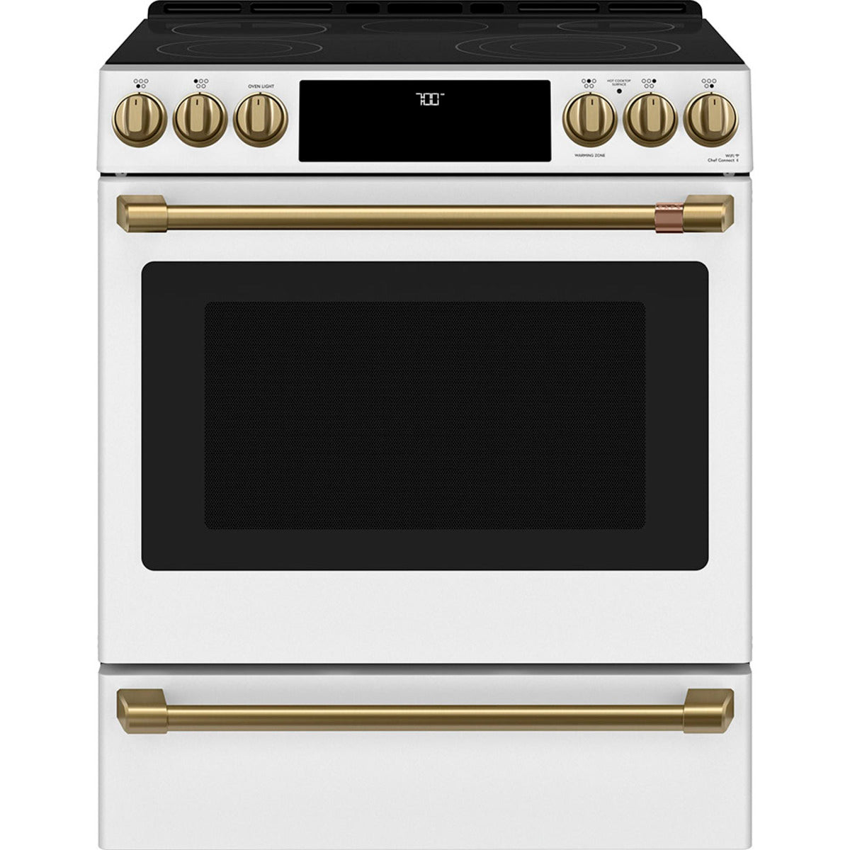 30" Slide-In Radiant Range with No-Preheat Air Fry in Matte White with Brushed Brass hardware