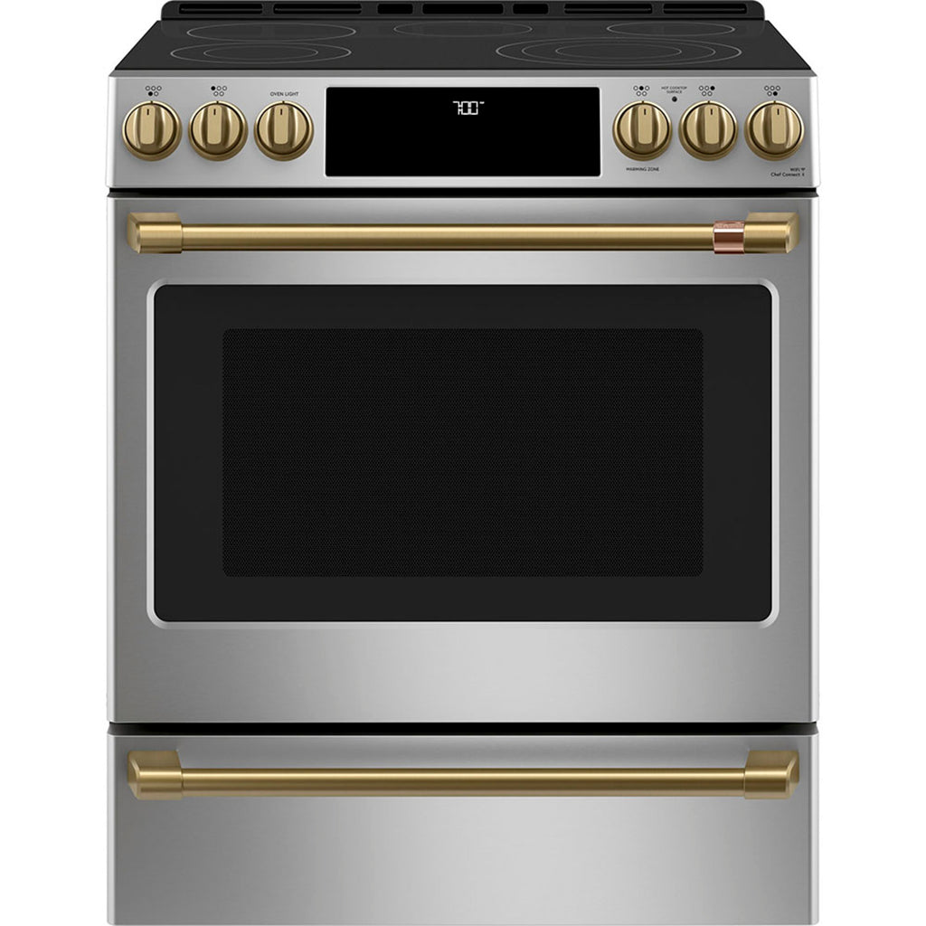 30" Slide-In Radiant Range with No-Preheat Air Fry in Stainless Steel with Brushed Brass hardware