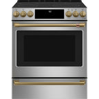 30" Slide-In Radiant Range with No-Preheat Air Fry in Stainless Steel with Brushed Brass hardware