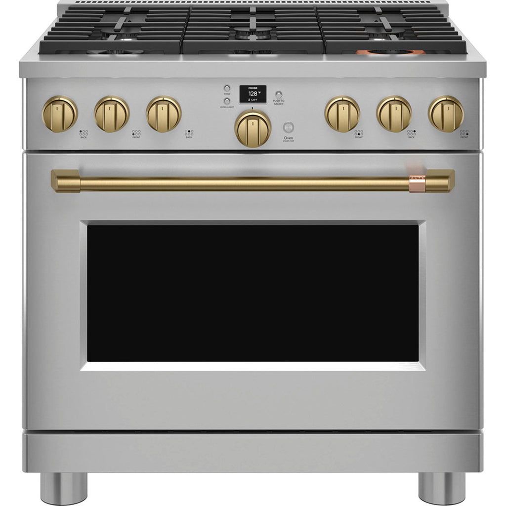 36" Smart All-Gas Commercial-Style Range with No-Preheat Air Fry in Stainless Steel with Brushed Brass hardware