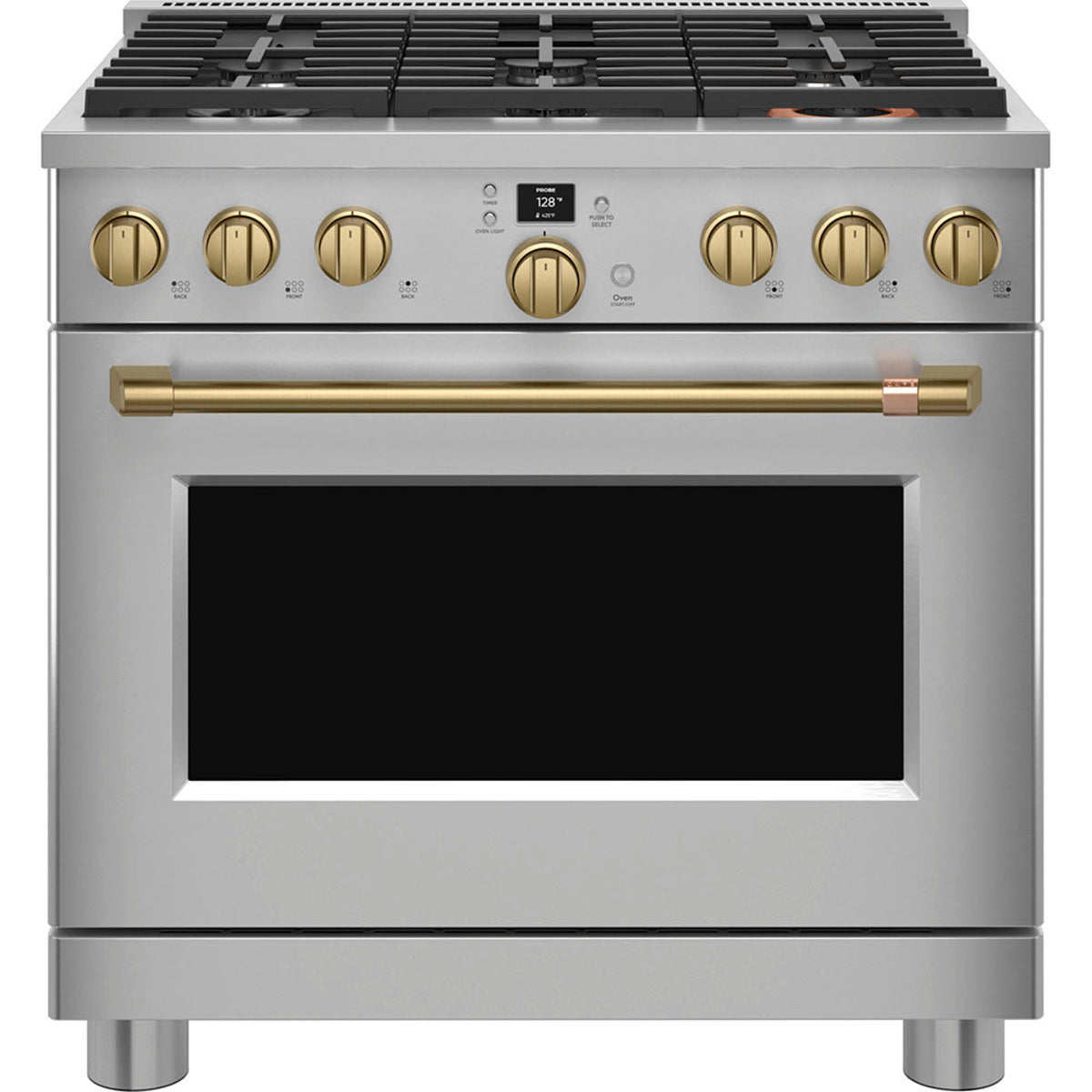 36" Smart All-Gas Commercial-Style Range with No-Preheat Air Fry in Stainless Steel with Brushed Brass hardware