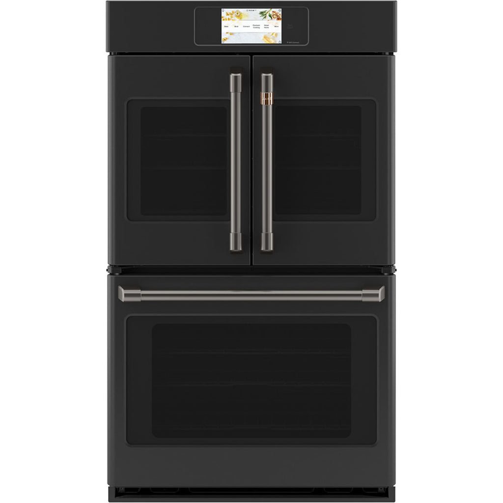 30" Built-In French-Door Double Convection Wall Oven in Matte Black with Brushed Black hardware