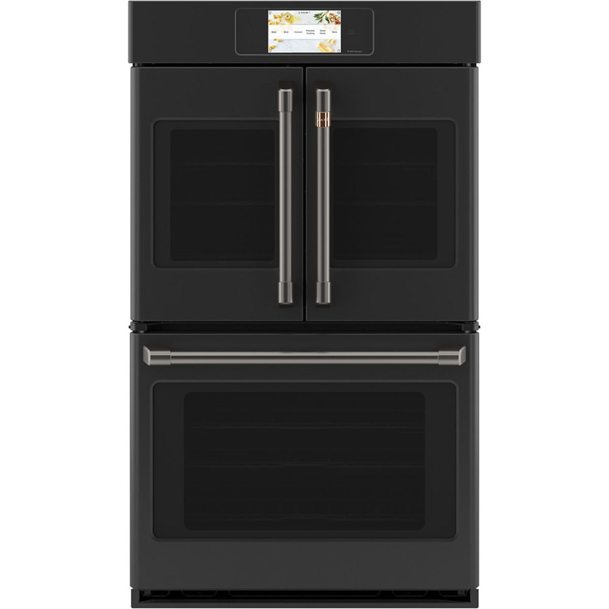 30" Built-In French-Door Double Convection Wall Oven in Matte Black with Brushed Black hardware