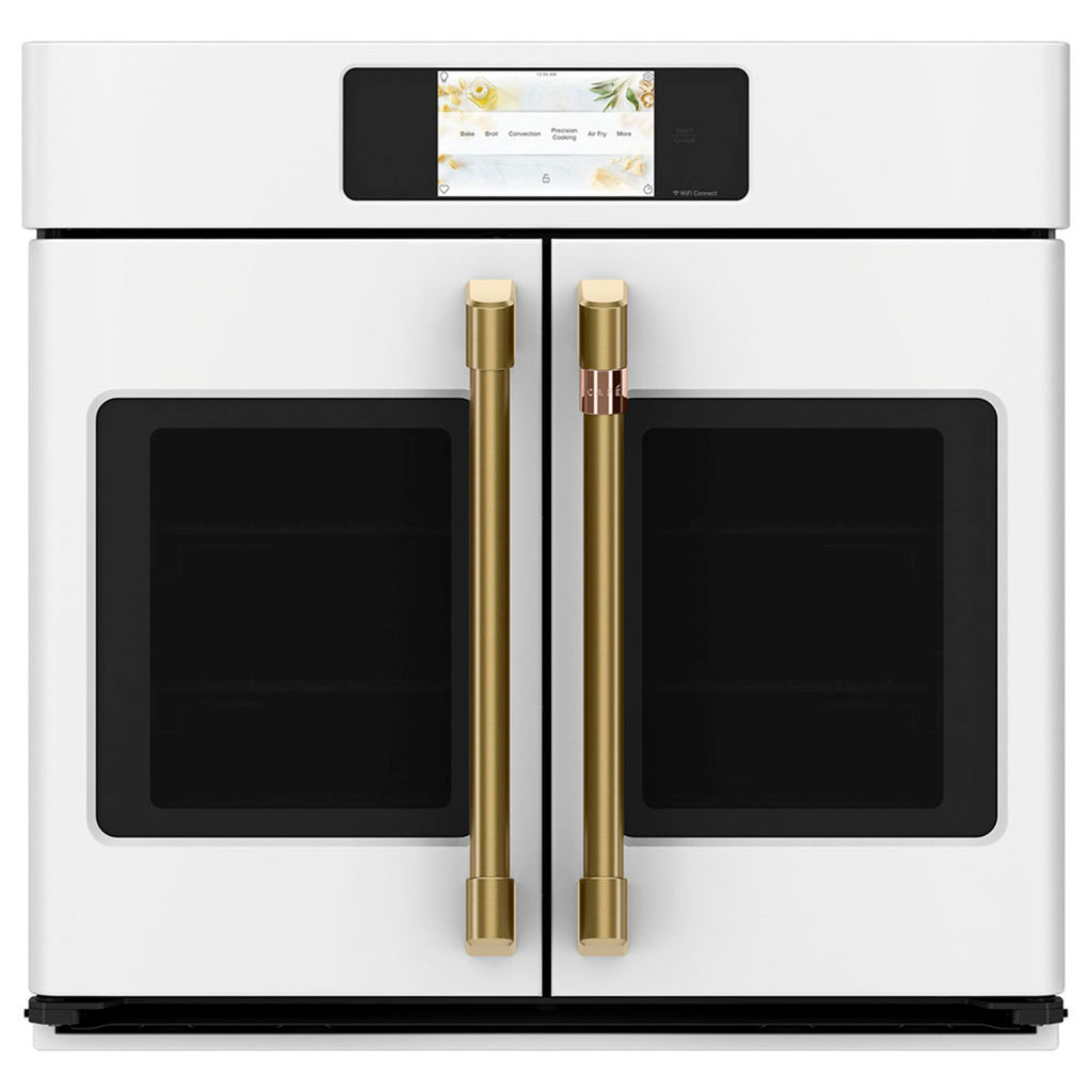 30" Built-In French-Door Single Convection Wall Oven in Matte White with Brushed Brass hardware