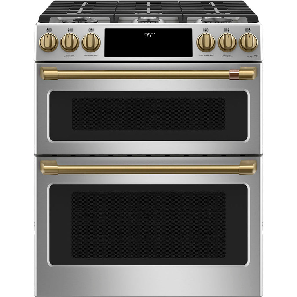 30" Dual-Fuel Range with Double Oven and No-Preheat Air Fry in Stainless Steel with Brushed Brass hardware