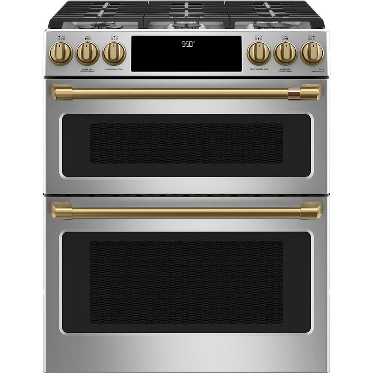 30" Dual-Fuel Range with Double Oven and No-Preheat Air Fry in Stainless Steel with Brushed Brass hardware