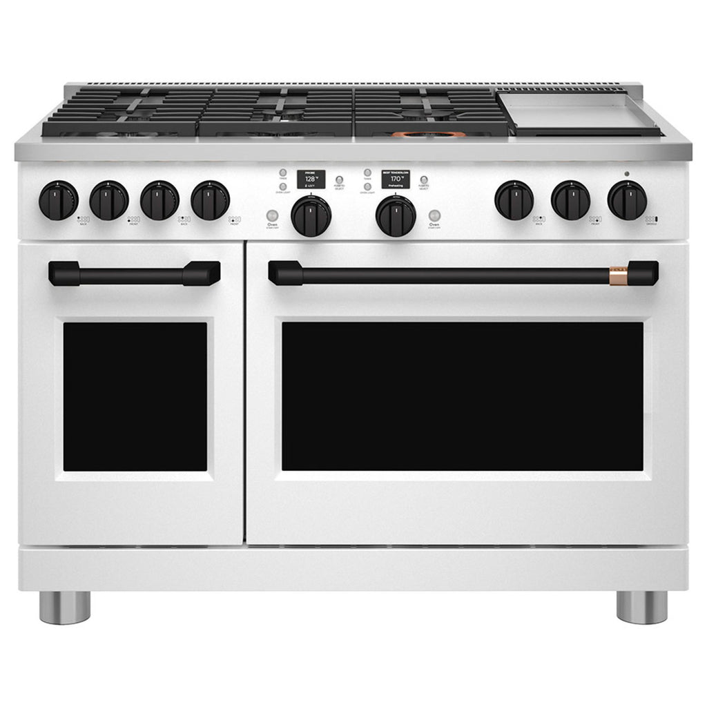 48" Smart Dual-Fuel Commercial-Style Range with No-Preheat Air Fry in Matte White with Flat Black hardware