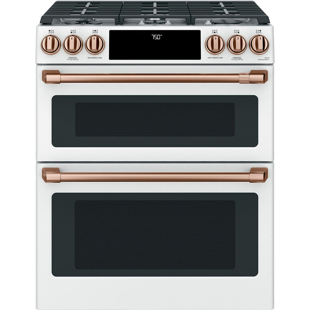 30" Double Oven Gas Range with No-Preheat Air Fry in Matte White with Brushed Copper hardware