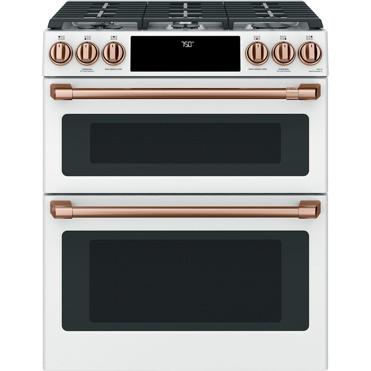 30" Double Oven Gas Range with No-Preheat Air Fry in Matte White with Brushed Copper hardware