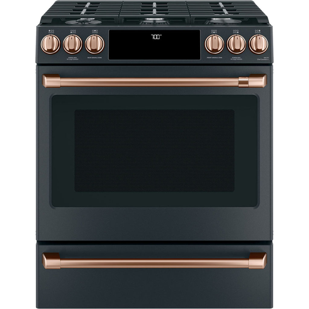 30" Slide-In Gas Range with Convection and No-Preheat Air Fry in Matte Black with Brushed Copper hardware