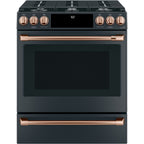 30" Slide-In Gas Range with Convection and No-Preheat Air Fry in Matte Black with Brushed Copper hardware