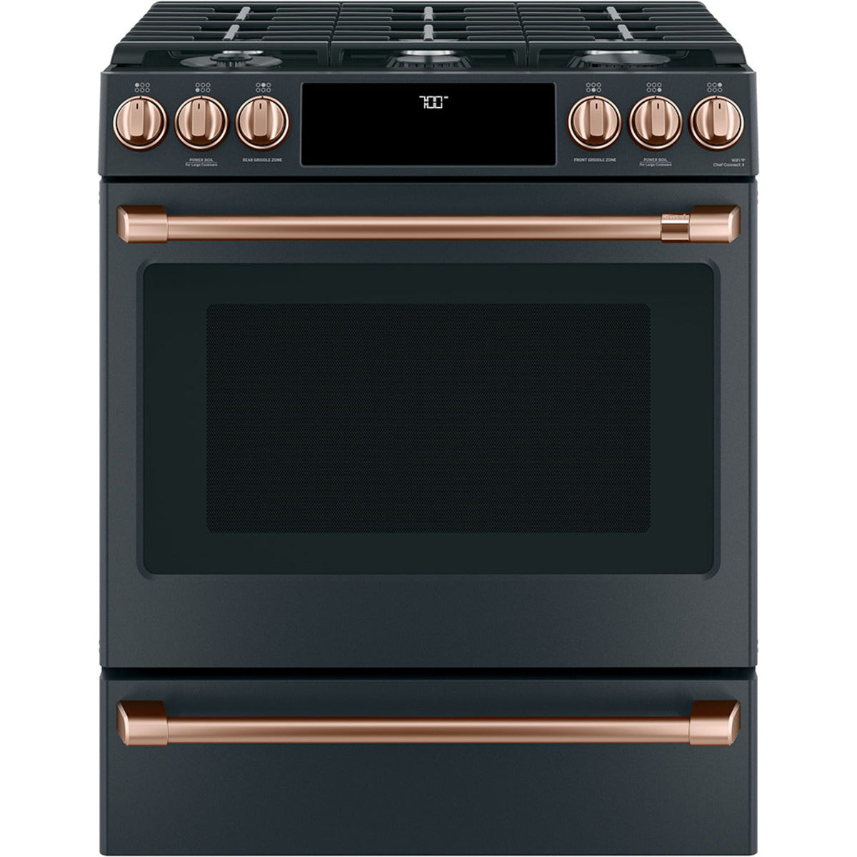 30" Slide-In Gas Range with Convection and No-Preheat Air Fry in Matte Black with Brushed Copper hardware