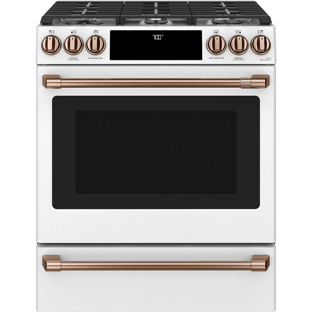 30" Slide-In Gas Range with Convection and No-Preheat Air Fry in Matte White with Brushed Copper hardware