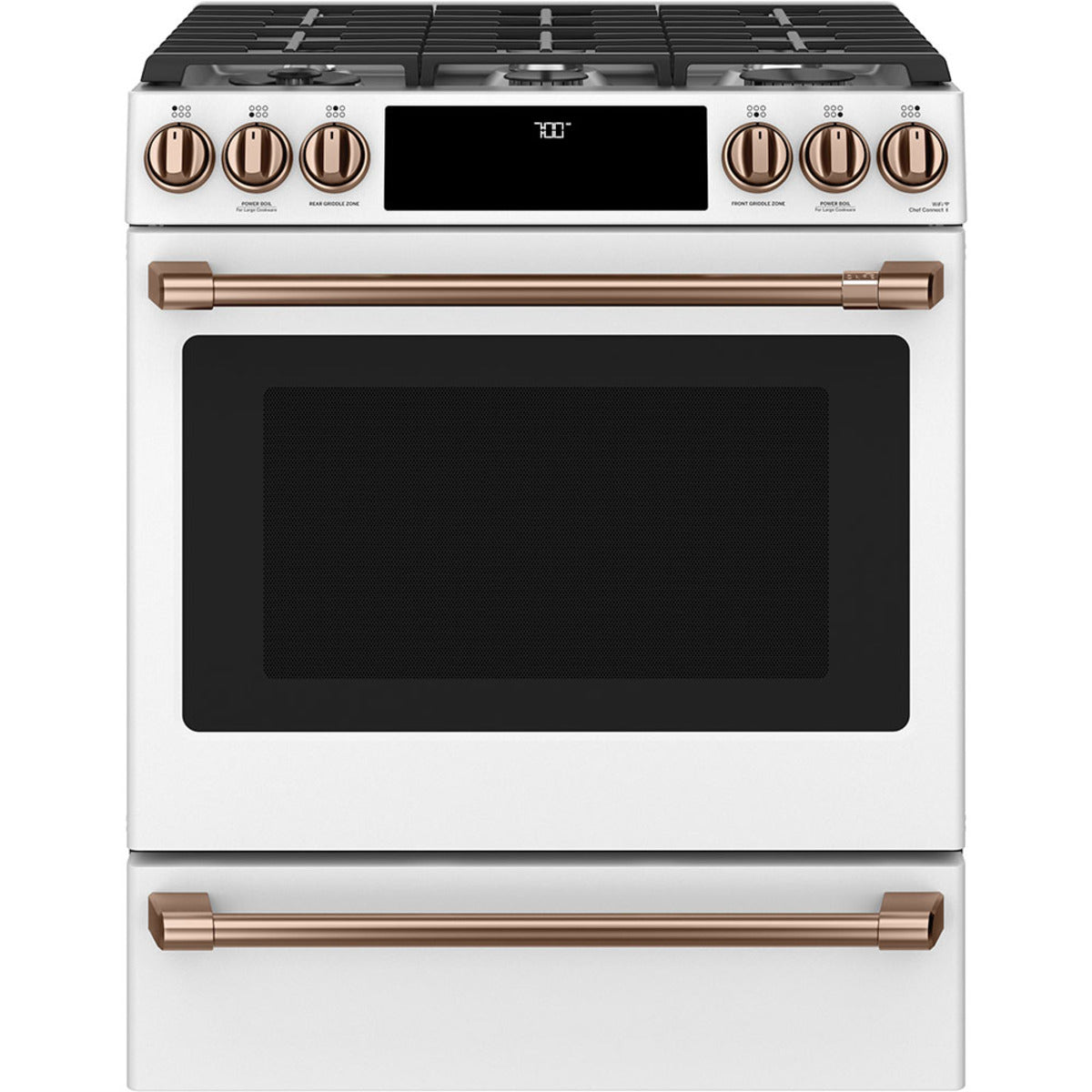 30" Slide-In Gas Range with Convection and No-Preheat Air Fry in Matte White with Brushed Copper hardware
