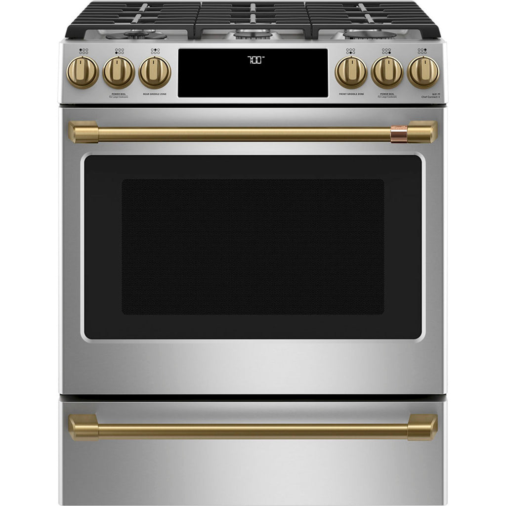30" Slide-In Gas Range with Convection and No-Preheat Air Fry in Stainless Steel with Brushed Brass hardware