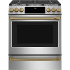 30" Slide-In Gas Range with Convection and No-Preheat Air Fry in Stainless Steel with Brushed Brass hardware